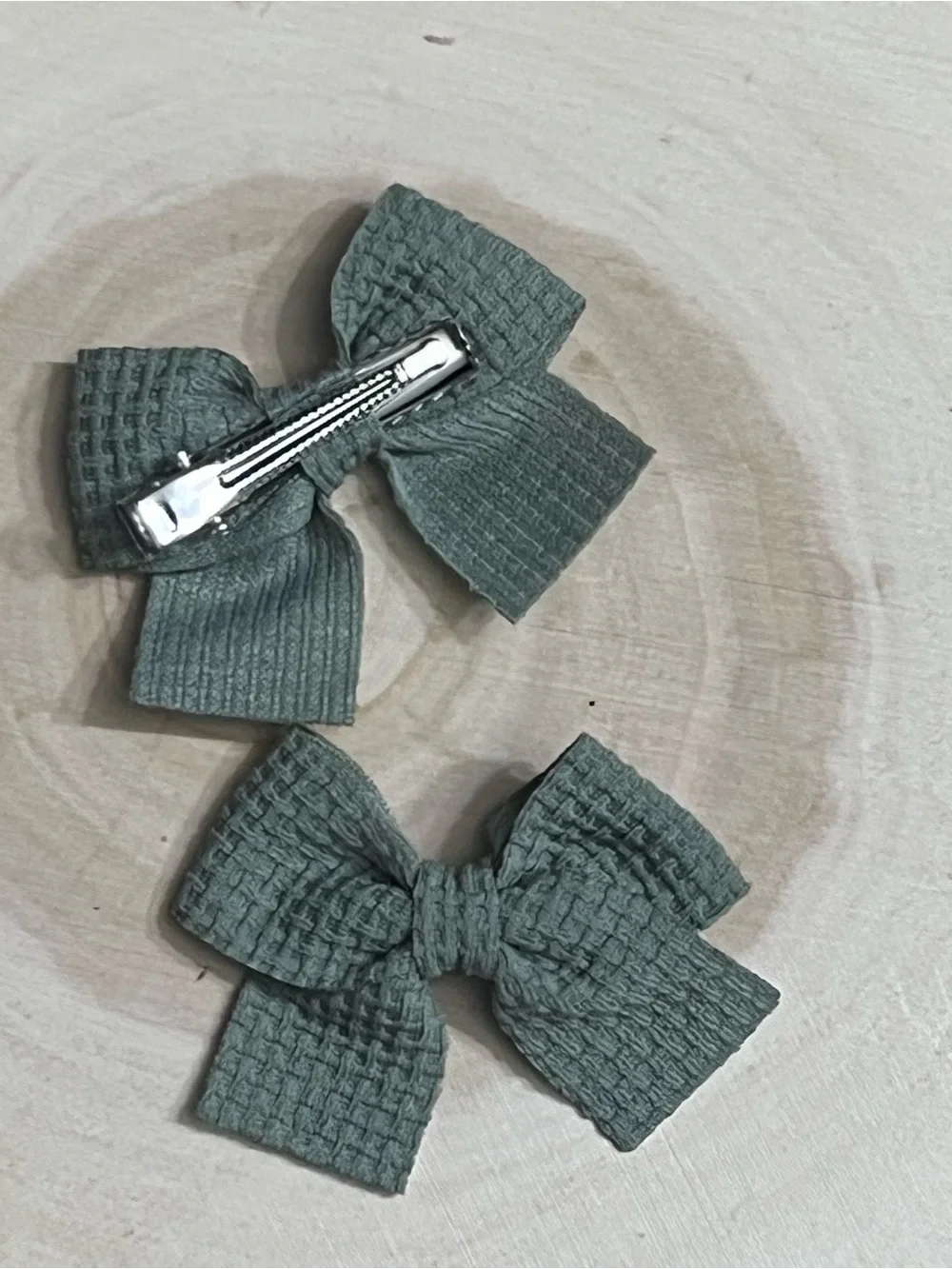 Handmade Sage Green Waffle Knit Hair Bow Clips Set of 2